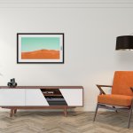 Mid century modern interior empty room with white wall, dresser, console, yellow lounge chair, armchair, floor lamp, wood floor. 3d render illustration mockup.