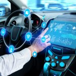 Driverless car interior with futuristic dashboard for autonomous control system