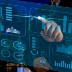 business chart and graph. Businessman touching virtual screen hologram. business technology concept