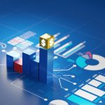 Bar chart money growth on blue screen business investment graph