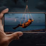 Hand Holding The Black Smartphoneand Modern Frameless Design Set In Rotated Positions Clipping Path