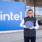Intel CEO Lip-Bu Tan holds a wafer of CPU tiles for the Intel Core Ultra series 3