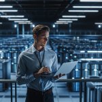 Portrait of IT Specialist Uses Laptop in Data Center. Server Farm Cloud Computing Facility with Male Maintenance Administrator Working on Cyber Security and Network Protection.